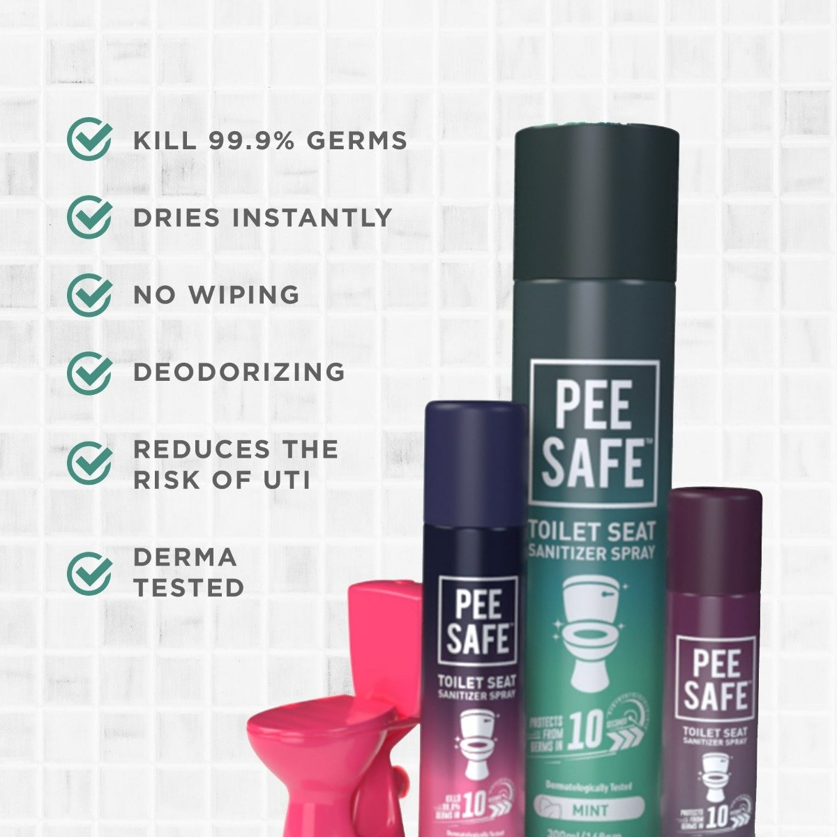 Pee Safe Toilet Seat Sanitizer Mint Spray 75 ml | Protects From Germs In 10 Second On Toilet Seat | Reduces Risk Of UTI & Toilet Borne Infections, Pack of 1 Pee Safe Toilet Seat Sanitizer Mint Spray 75 ml | Protects From Germs In 10 Second On Toilet Seat | Reduces Risk Of UTI & Toilet Borne Infections, Pack of 1