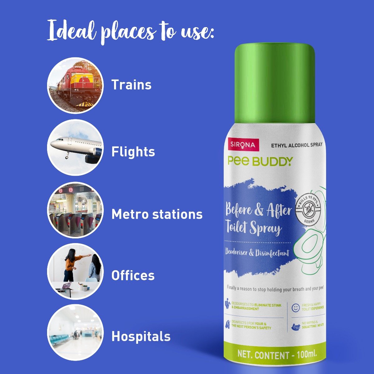 Sirona Pee Buddy Deodoriser & Disinfectant Toilet Spray, 100 ml, Pack of 1 Sirona Pee Buddy Deodoriser & Disinfectant Toilet Spray, 100 ml, Pack of 1