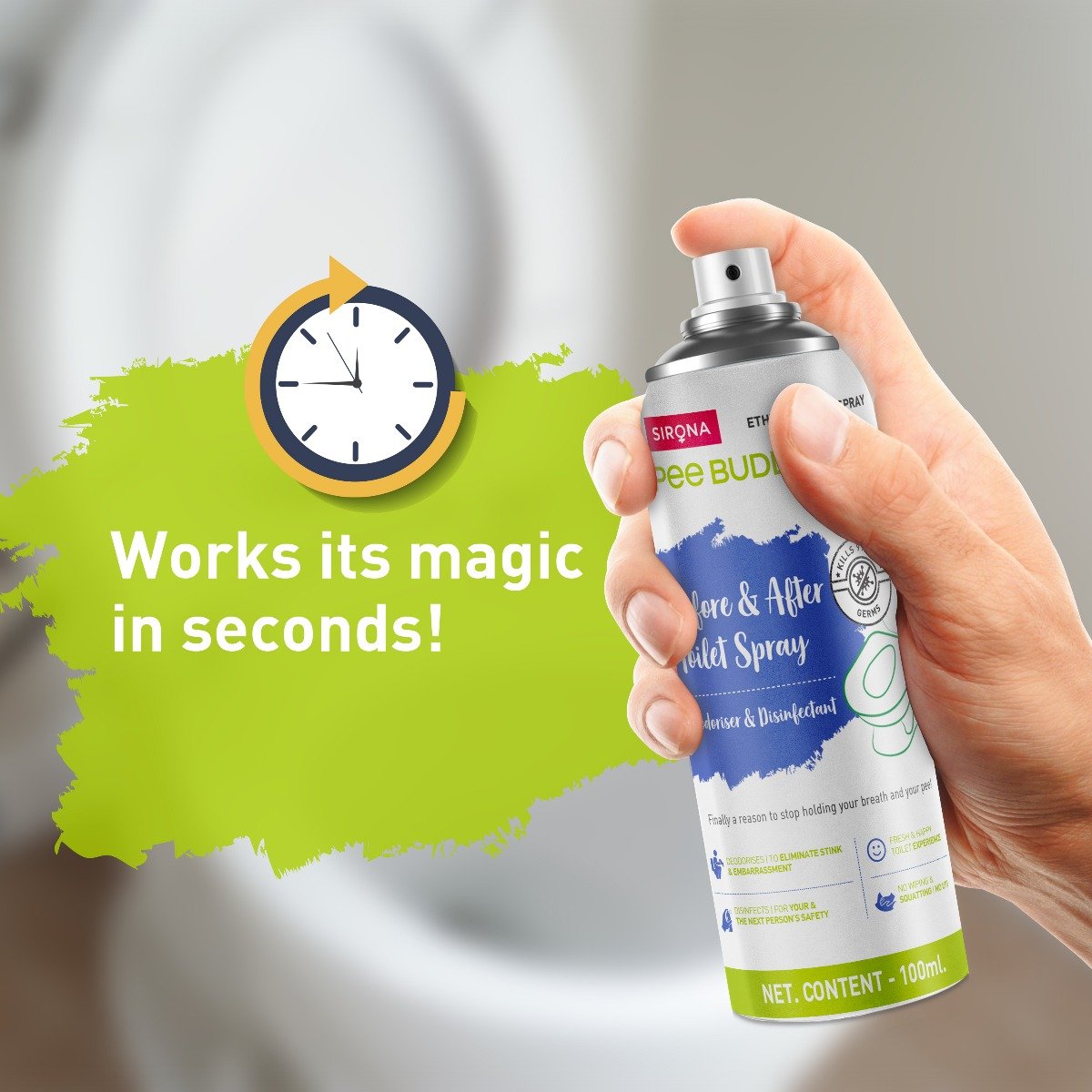 Sirona Pee Buddy Deodoriser & Disinfectant Toilet Spray, 100 ml, Pack of 1 Sirona Pee Buddy Deodoriser & Disinfectant Toilet Spray, 100 ml, Pack of 1