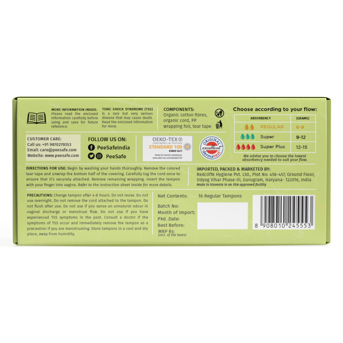 Pee Safe 100% Organic Cotton Biodegradable Regular Tampons, 16 Count, Pack of 1 Pee Safe 100% Organic Cotton Biodegradable Regular Tampons, 16 Count, Pack of 1