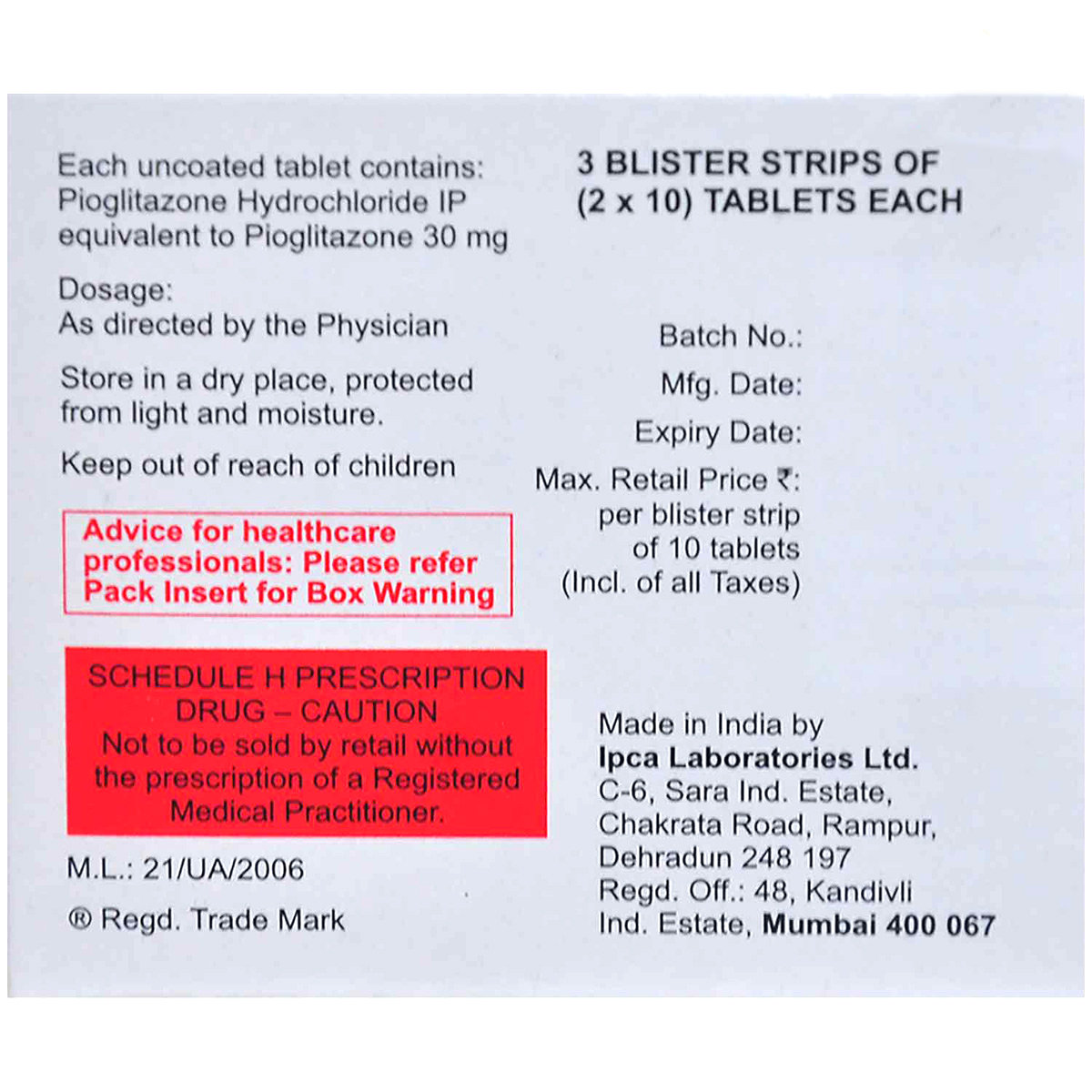 Piomed-30 Tablet 10's, Pack of 10 TABLETS Piomed-30 Tablet 10's, Pack of 10 TABLETS