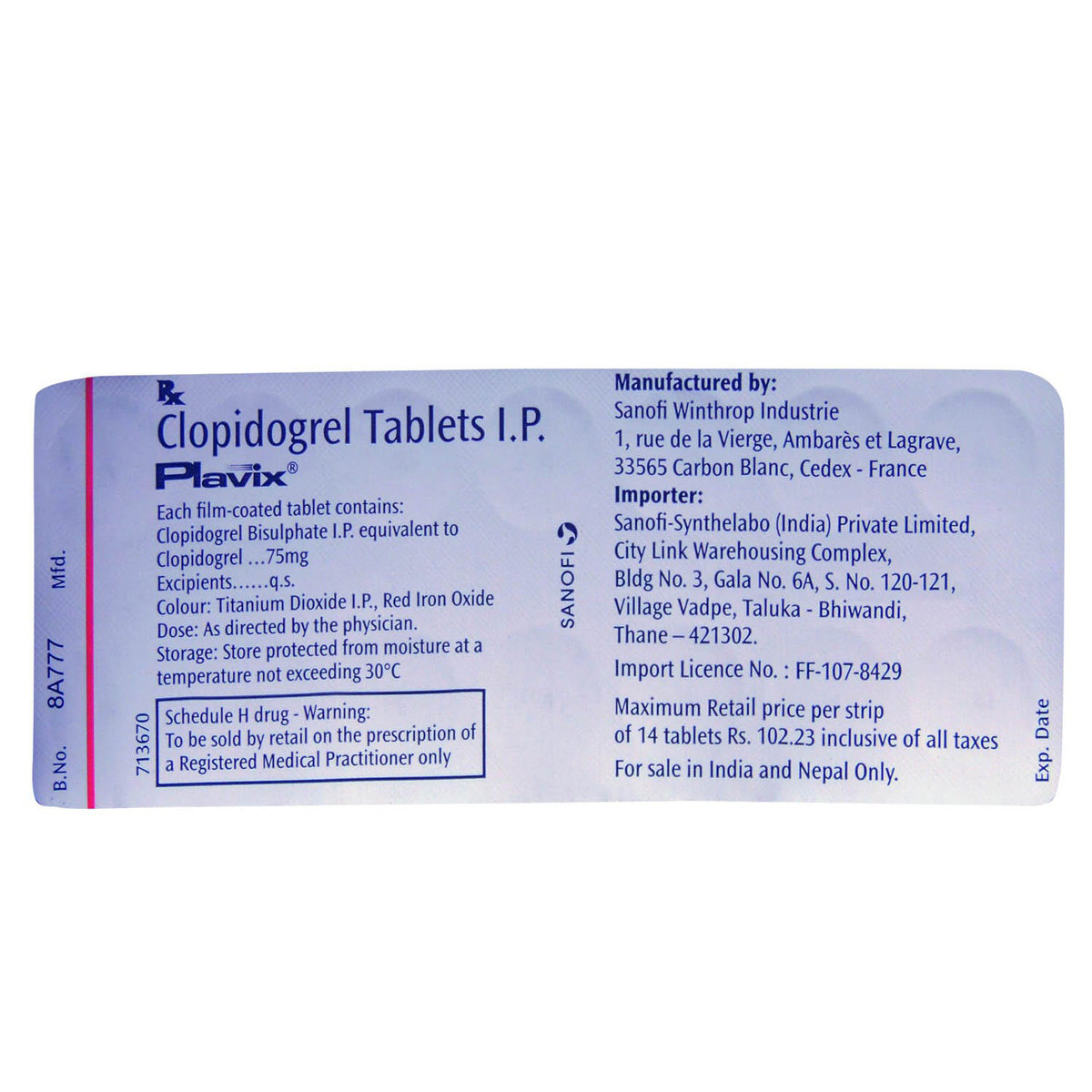 Plavix Tablet 14's, Pack of 14 TABLETS Plavix Tablet 14's, Pack of 14 TABLETS