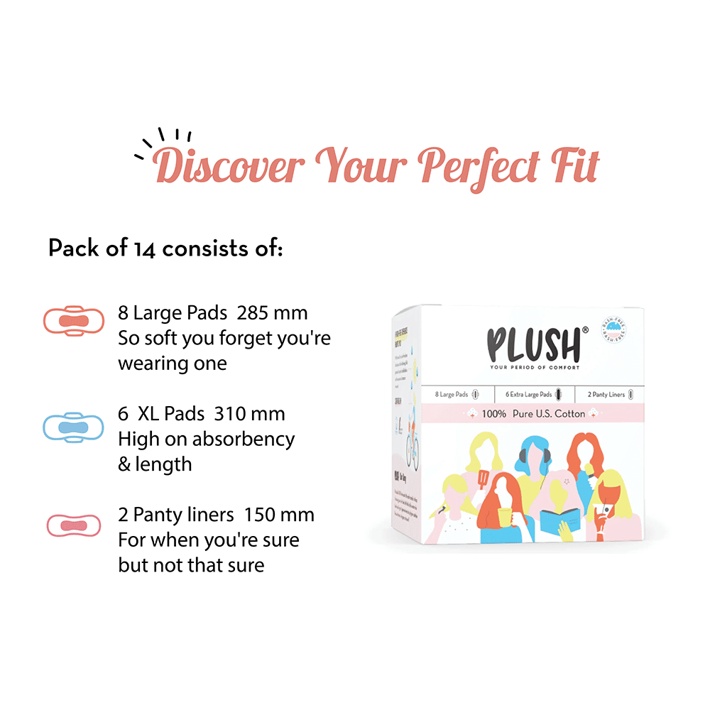 Plush 100% Pure US Cotton Sanitary Pads, 14 Count, Pack of 1 Plush 100% Pure US Cotton Sanitary Pads, 14 Count, Pack of 1