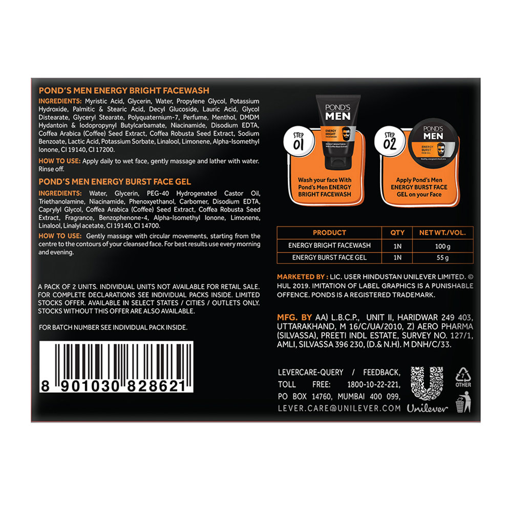 Pond's Men Energy Bright Facewash 50 gm | With Coffee Bean Extract | Anti Dullness & Brightening Face Wash | For Bright Skin, Pack of 1 Pond's Men Energy Bright Facewash 50 gm | With Coffee Bean Extract | Anti Dullness & Brightening Face Wash | For Bright Skin, Pack of 1