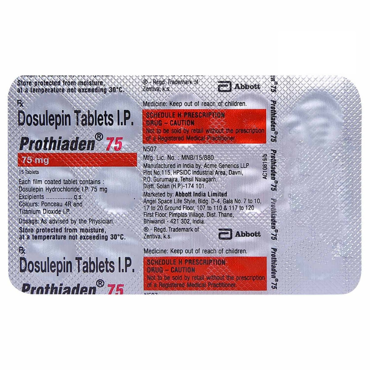 Prothiaden 75 mg Tablet 15's, Pack of 15 TABLETS Prothiaden 75 mg Tablet 15's, Pack of 15 TABLETS