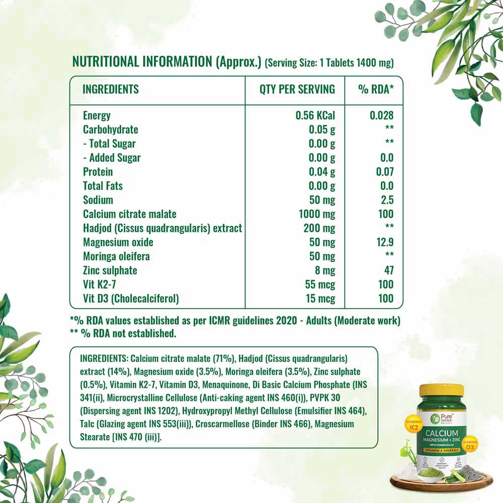 Pure Nutrition Calcium Magnesium + Zinc 1400 mg, 60 Tablets, Pack of 1 Pure Nutrition Calcium Magnesium + Zinc 1400 mg, 60 Tablets, Pack of 1