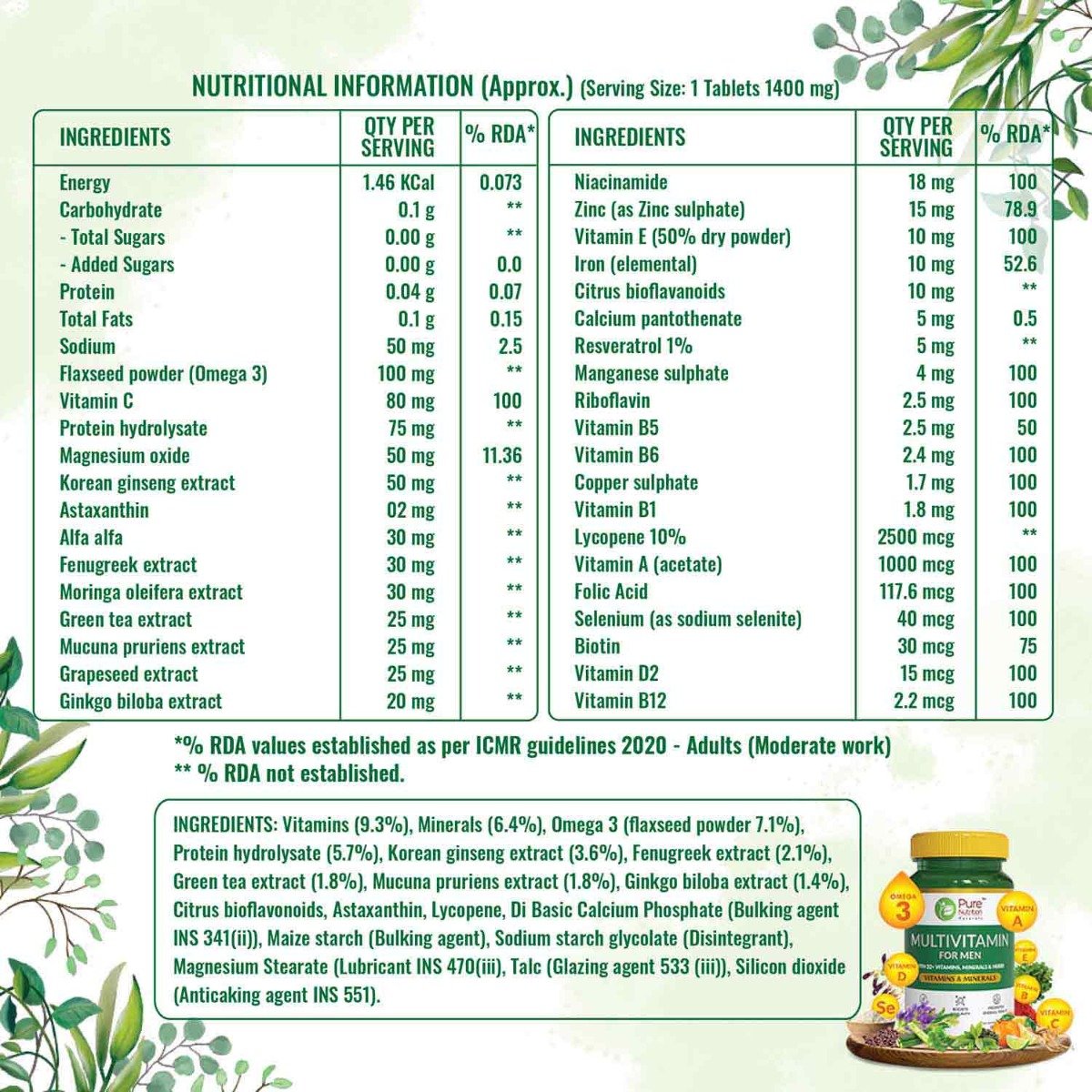 Pure Nutrition Multivitamin for Men 1400 mg, 30 Tablets, Pack of 1 Pure Nutrition Multivitamin for Men 1400 mg, 30 Tablets, Pack of 1