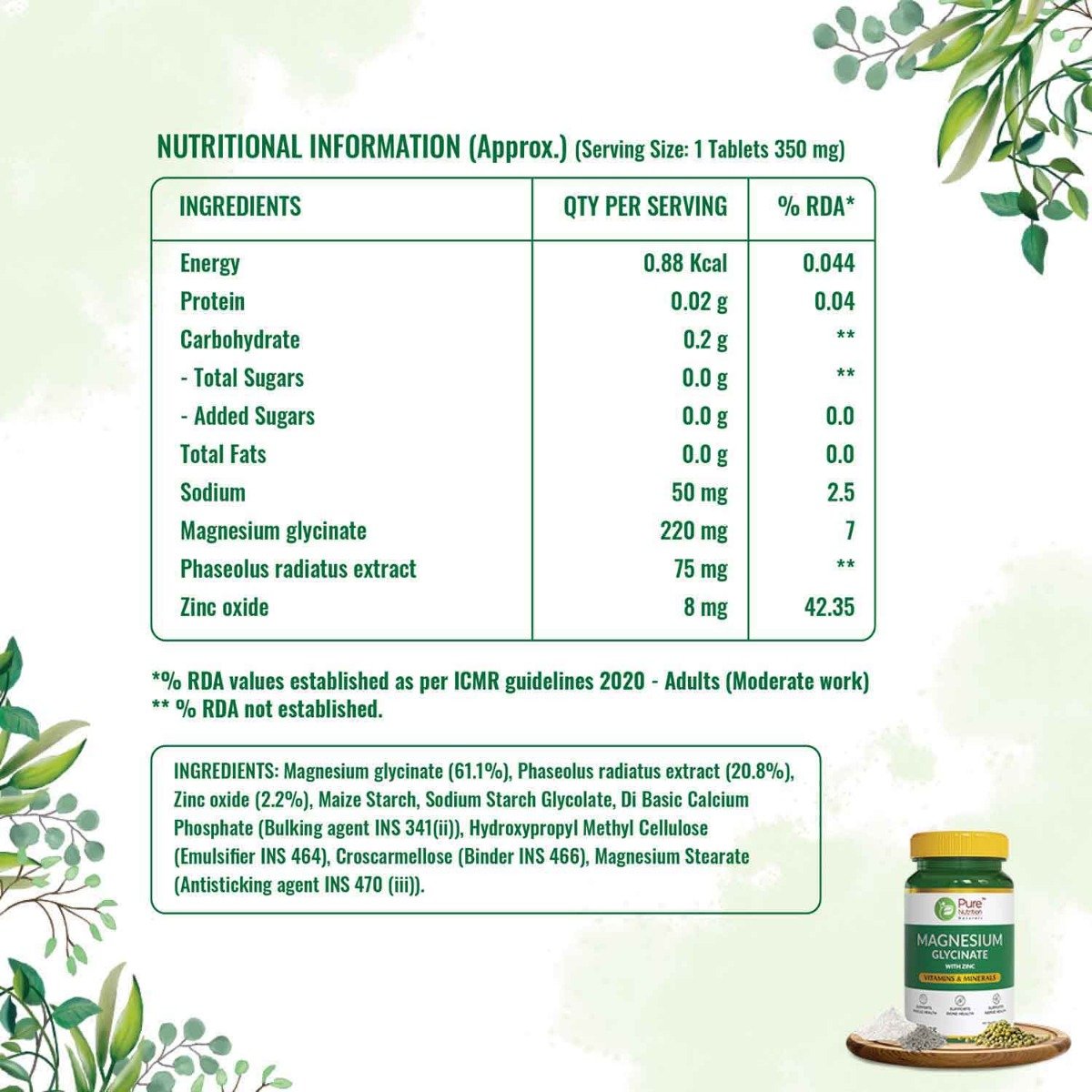 Pure Nutrition Magnesium Glycinate with Zinc 350 mg, 60 Tablets, Pack of 1 Pure Nutrition Magnesium Glycinate with Zinc 350 mg, 60 Tablets, Pack of 1