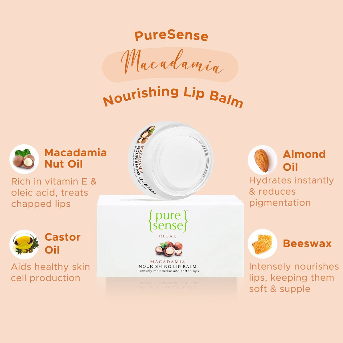 Pure Sense Relax Macadamia Nourishing Lip Balm 5 gm | Moisturises And Softens Lips | Prevent Chapping | Lightweight | Non Sticky, Pack of 1 Pure Sense Relax Macadamia Nourishing Lip Balm 5 gm | Moisturises And Softens Lips | Prevent Chapping | Lightweight | Non Sticky, Pack of 1