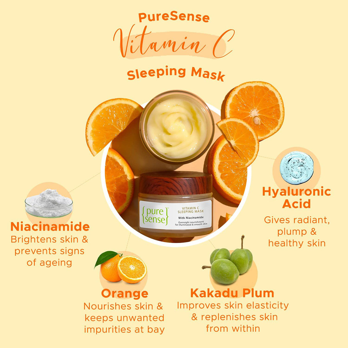 Pure Sense Vitamin C Sleeping Mask 50 gm | With Niacinamide | Provides Overnight Nourishment | For Illuminates & Glowing Skin, Pack of 1 Pure Sense Vitamin C Sleeping Mask 50 gm | With Niacinamide | Provides Overnight Nourishment | For Illuminates & Glowing Skin, Pack of 1