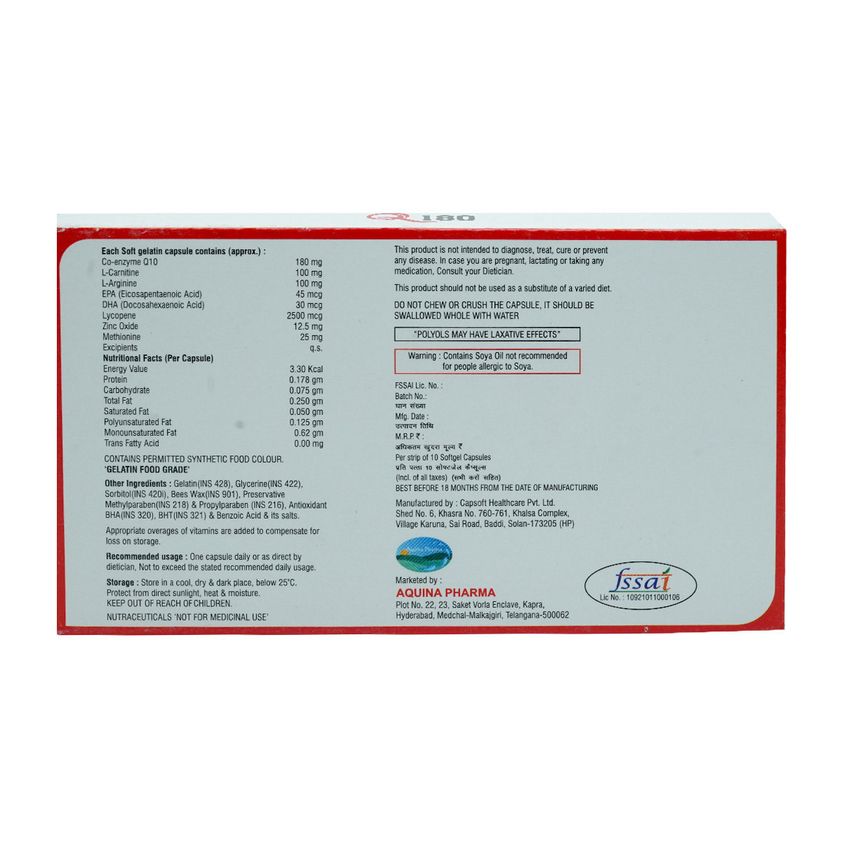 Q-180 Softgel Capsule 10's, Pack of 10 Q-180 Softgel Capsule 10's, Pack of 10