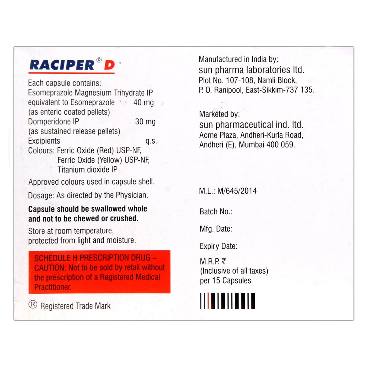 Raciper D Capsule 15's, Pack of 15 CAPSULES Raciper D Capsule 15's, Pack of 15 CAPSULES