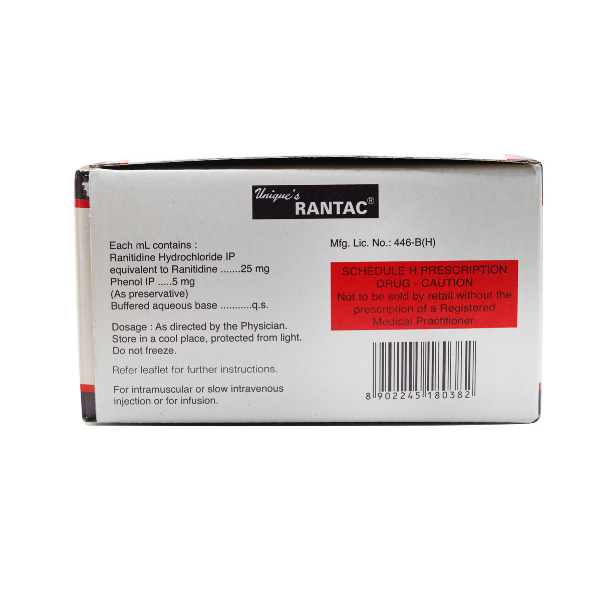 Rantac 50 mg Injection 5 x 2 ml, Pack of 5 InjectionS Rantac 50 mg Injection 5 x 2 ml, Pack of 5 InjectionS