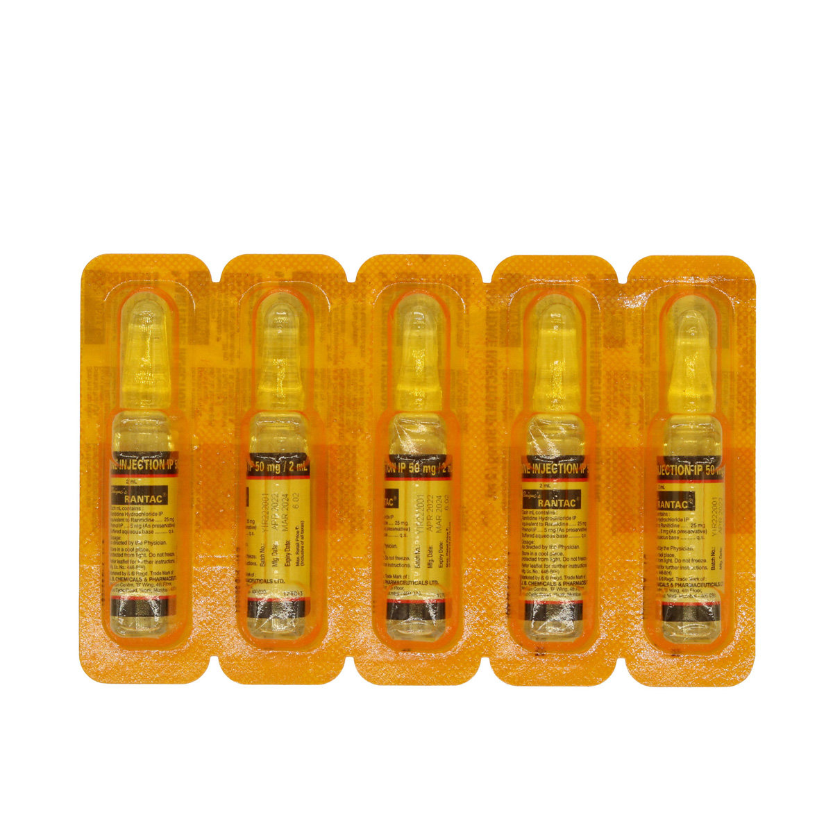 Rantac 50 mg Injection 5 x 2 ml, Pack of 5 InjectionS Rantac 50 mg Injection 5 x 2 ml, Pack of 5 InjectionS