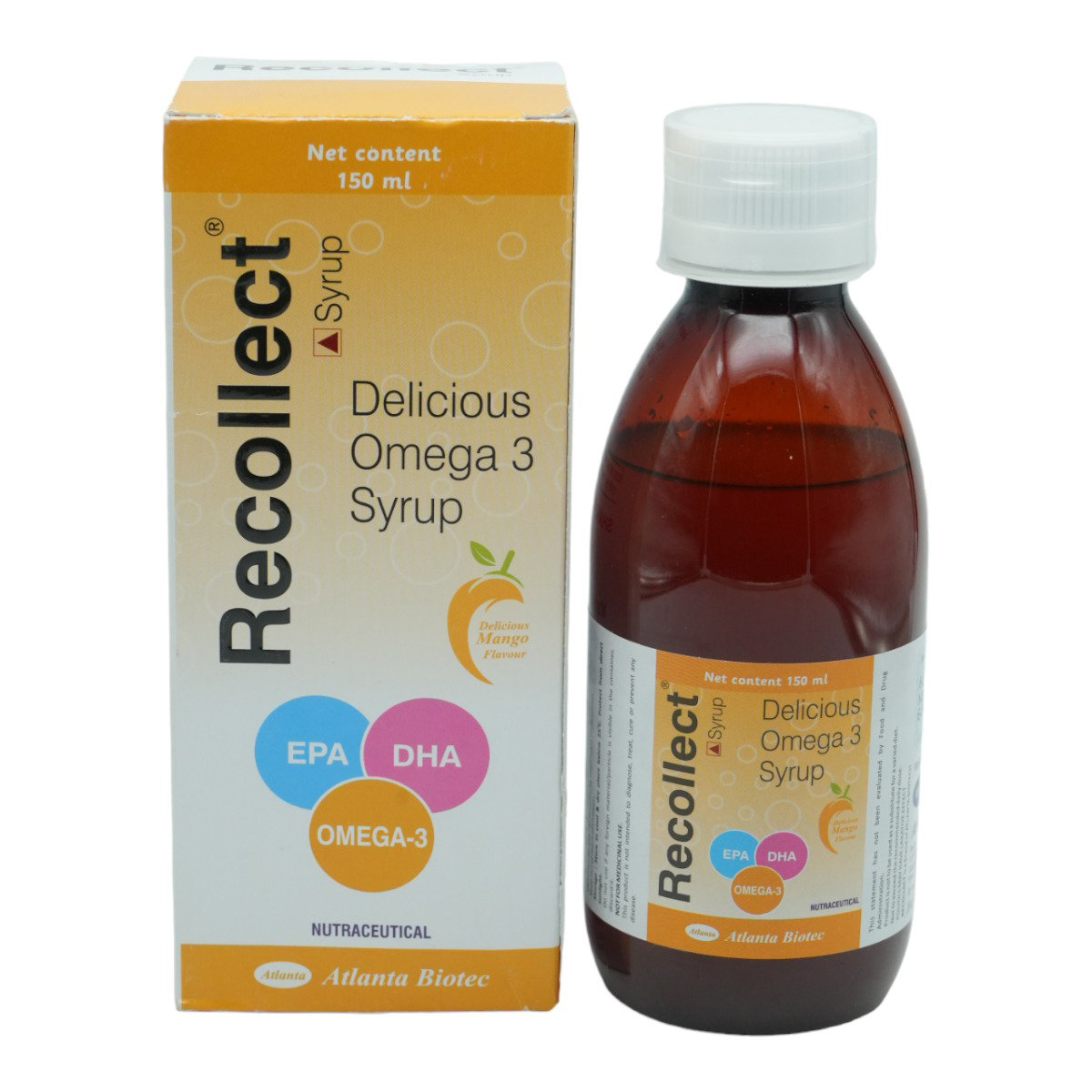 Recollect Omega 3 Delicious Mango Flavour Syrup 150 ml, Pack of 1 Recollect Omega 3 Delicious Mango Flavour Syrup 150 ml, Pack of 1
