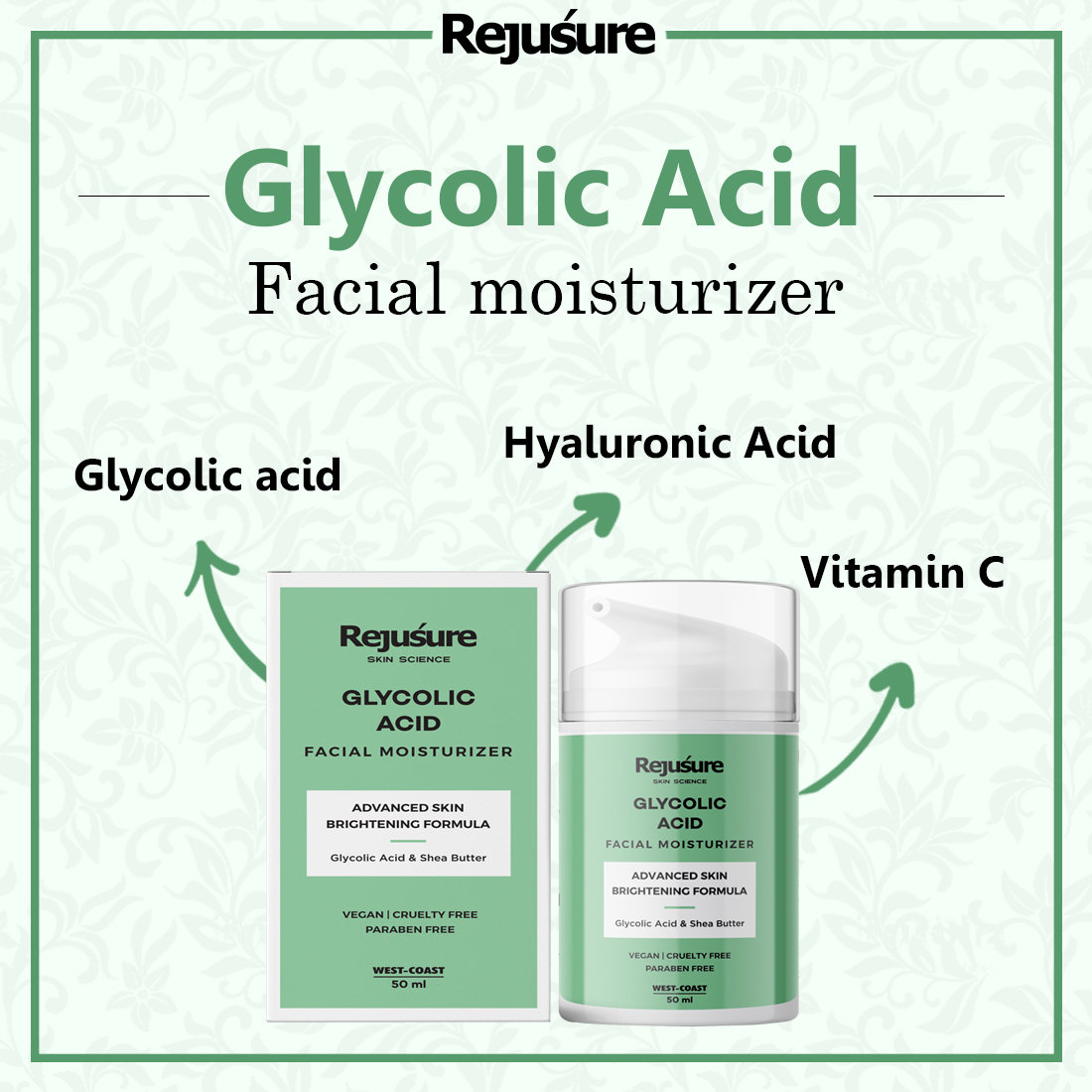 Rejusure Glycolic Acid Facial Moisturizer 50 ml | Glycolic Acid And Shea Butter | Promotes Skin Renewal & Hydration | Minimizes Pigmentation and Dark Spots | For All Skin Type, Pack of 1 Rejusure Glycolic Acid Facial Moisturizer 50 ml | Glycolic Acid And Shea Butter | Promotes Skin Renewal & Hydration | Minimizes Pigmentation and Dark Spots | For All Skin Type, Pack of 1