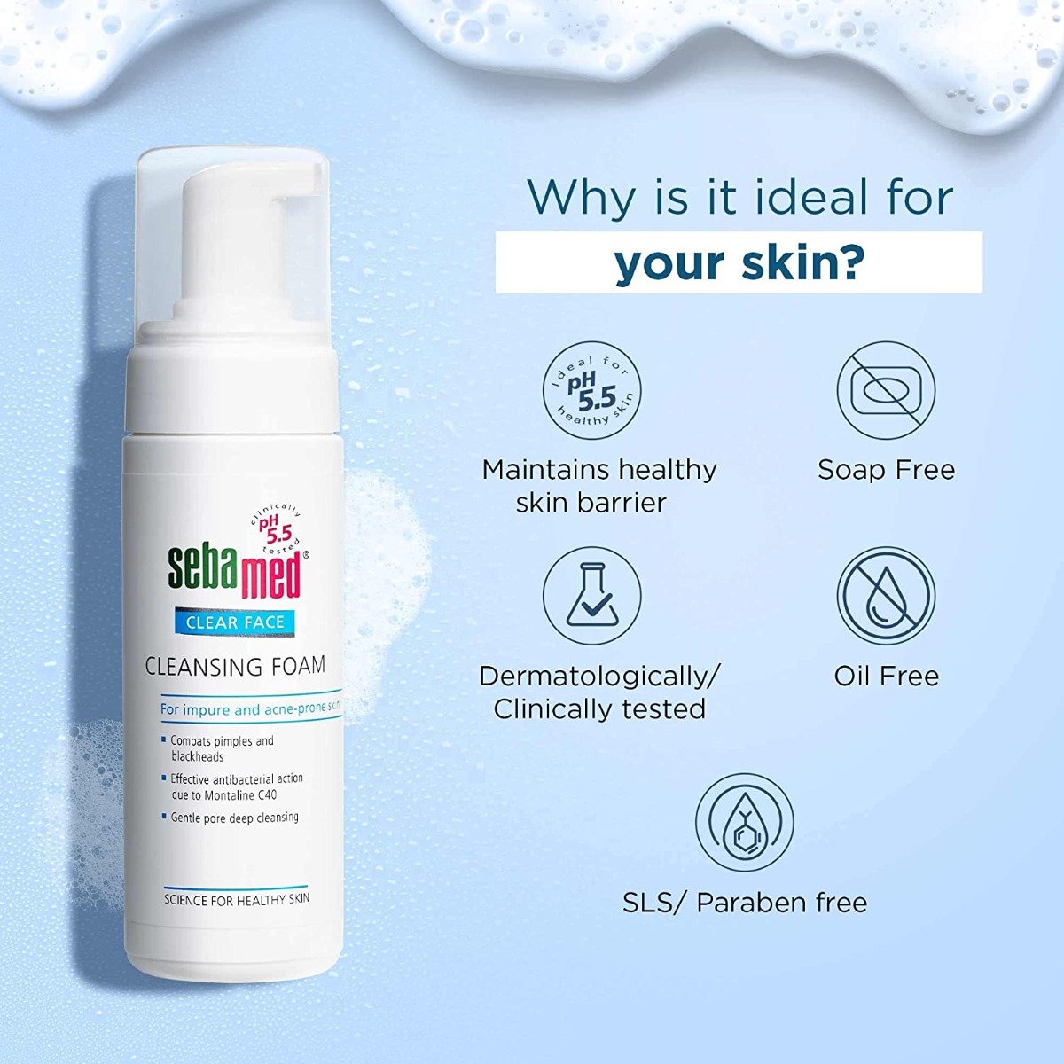 Sebamed Clear Face Cleansing Foam 50 ml | Combats Pimple & Blackheads | Gentle Deep Pore Cleansing | For Impure & Acne prone Skin, Pack of 1 Sebamed Clear Face Cleansing Foam 50 ml | Combats Pimple & Blackheads | Gentle Deep Pore Cleansing | For Impure & Acne prone Skin, Pack of 1