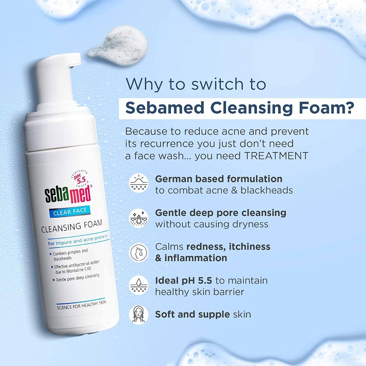 Sebamed Clear Face Cleansing Foam 50 ml | Combats Pimple & Blackheads | Gentle Deep Pore Cleansing | For Impure & Acne prone Skin, Pack of 1 Sebamed Clear Face Cleansing Foam 50 ml | Combats Pimple & Blackheads | Gentle Deep Pore Cleansing | For Impure & Acne prone Skin, Pack of 1