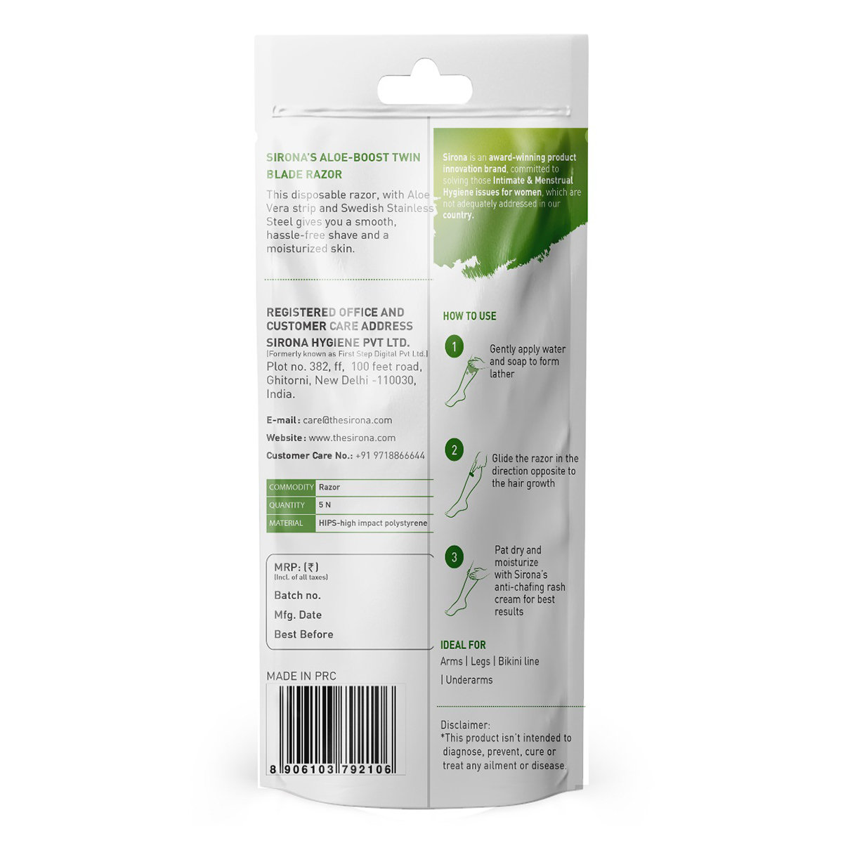 Sirona Aloe-Boost Disposable Twin Blade Razor for Women, 5 Count, Pack of 1 Sirona Aloe-Boost Disposable Twin Blade Razor for Women, 5 Count, Pack of 1