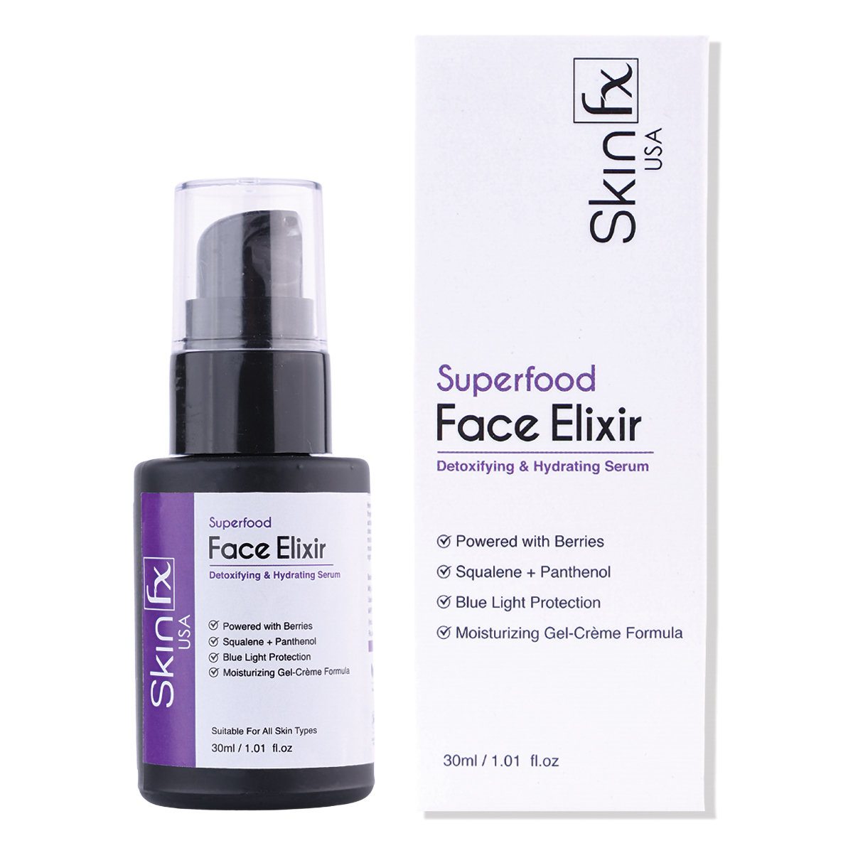 Skin Fx Face Elixir Detoxifying & Hydrating Serum 30 ml | Berries, Squalane & Panthenol | 72 Hr Moisturization | Blue Light Protection | Gel-Crème Formula | For All Skin Type, Pack of 1 Skin Fx Face Elixir Detoxifying & Hydrating Serum 30 ml | Berries, Squalane & Panthenol | 72 Hr Moisturization | Blue Light Protection | Gel-Crème Formula | For All Skin Type, Pack of 1