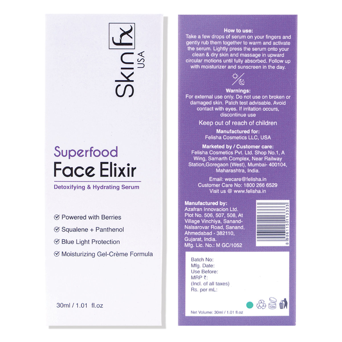 Skin Fx Face Elixir Detoxifying & Hydrating Serum 30 ml | Berries, Squalane & Panthenol | 72 Hr Moisturization | Blue Light Protection | Gel-Crème Formula | For All Skin Type, Pack of 1 Skin Fx Face Elixir Detoxifying & Hydrating Serum 30 ml | Berries, Squalane & Panthenol | 72 Hr Moisturization | Blue Light Protection | Gel-Crème Formula | For All Skin Type, Pack of 1