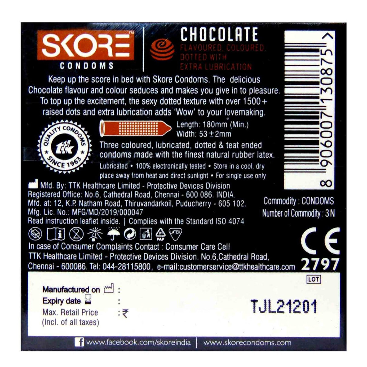 Skore Chocolate Flavour Condoms, 3 Count, Pack of 1 Skore Chocolate Flavour Condoms, 3 Count, Pack of 1