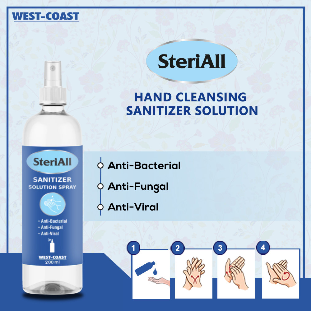 SteriAll Sanitizer Solution Spray, 200 ml (Pack of 3), Pack of 1 SteriAll Sanitizer Solution Spray, 200 ml (Pack of 3), Pack of 1