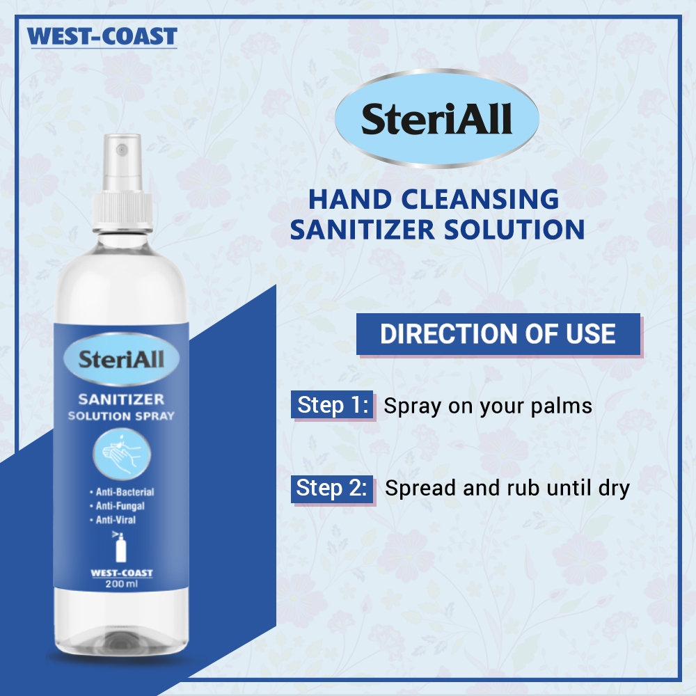 SteriAll Sanitizer Solution Spray, 200 ml (Pack of 3), Pack of 1 SteriAll Sanitizer Solution Spray, 200 ml (Pack of 3), Pack of 1