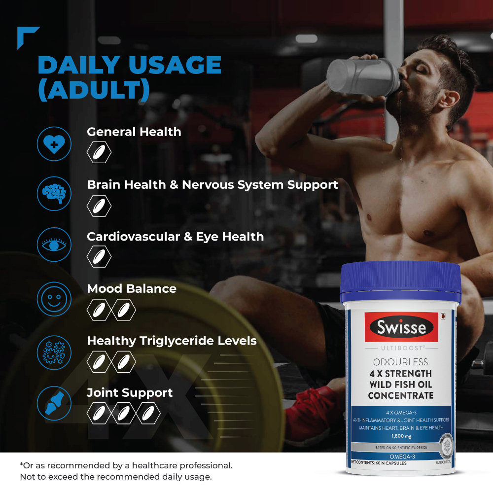 Swisse Ultiboost 1800 mg 4X Strength Wild Fish Oil, 60 Capsules, Pack of 1 Swisse Ultiboost 1800 mg 4X Strength Wild Fish Oil, 60 Capsules, Pack of 1