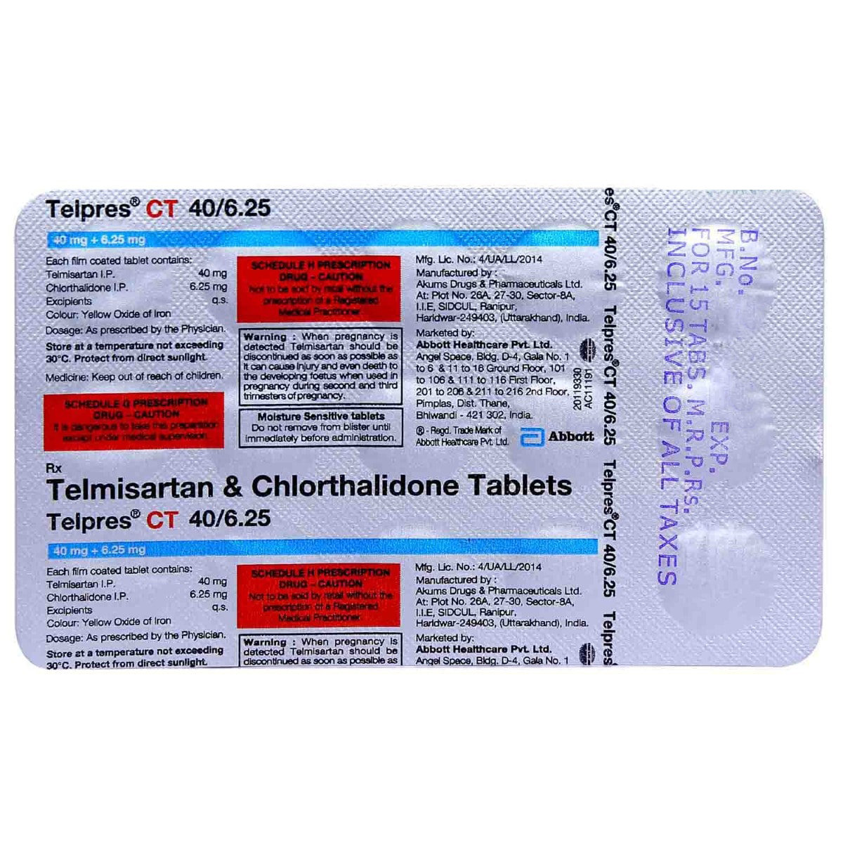 Telpres CT 40 mg/6.25 mg Tablet 15's, Pack of 15 TABLETS Telpres CT 40 mg/6.25 mg Tablet 15's, Pack of 15 TABLETS