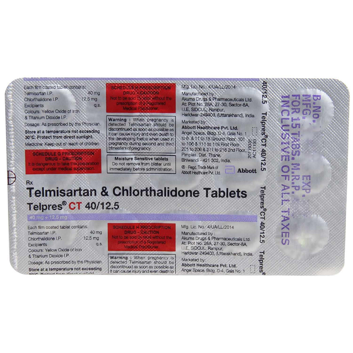 Telpres CT 40 mg/12.5 mg Tablet 15's, Pack of 15 TABLETS Telpres CT 40 mg/12.5 mg Tablet 15's, Pack of 15 TABLETS