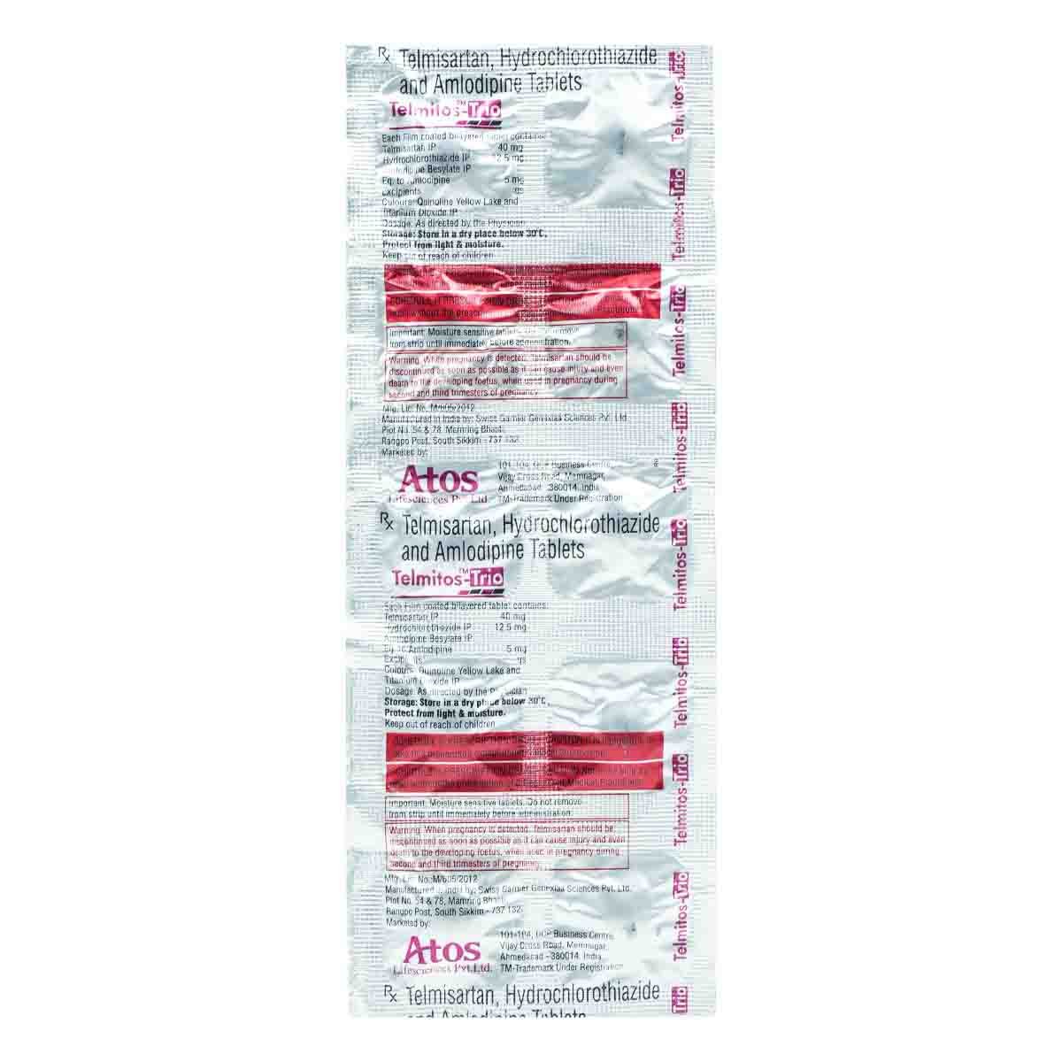 Telmitos-Trio 40 mg/12.5 mg/5 mg Tablet 10's, Pack of 10 TABLETS Telmitos-Trio 40 mg/12.5 mg/5 mg Tablet 10's, Pack of 10 TABLETS