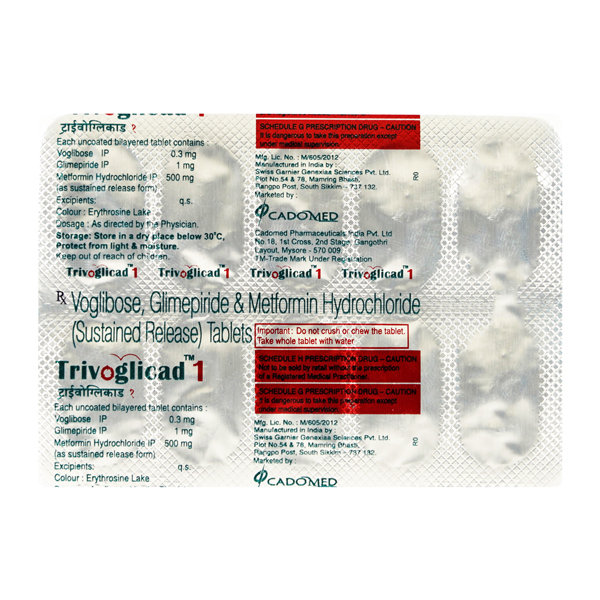 Trivoglicad 1mg/500/mg/0.3mg Tablet 10's, Pack of 10 TABLETS Trivoglicad 1mg/500/mg/0.3mg Tablet 10's, Pack of 10 TABLETS