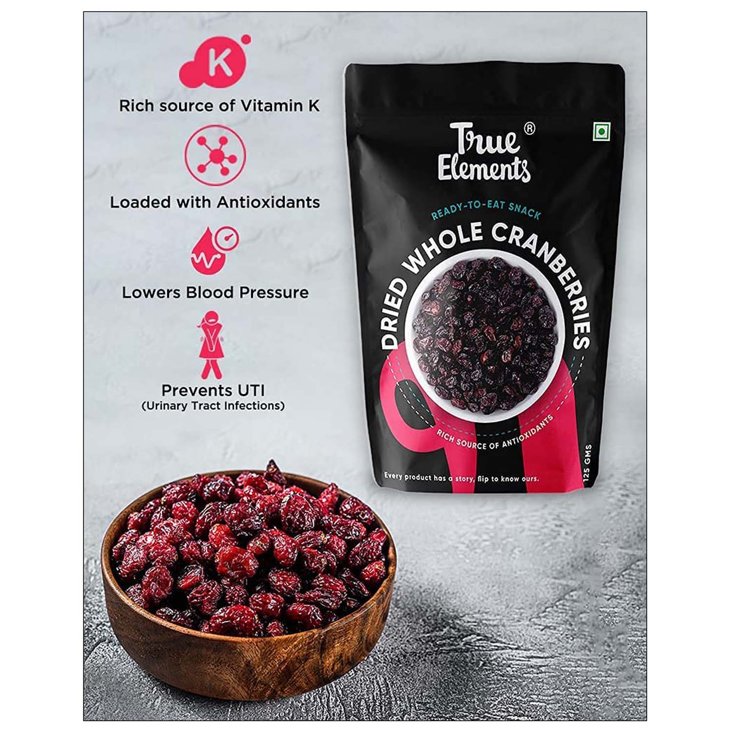 True Elements Dried Whole Cranberries, 125 gm, Pack of 1 True Elements Dried Whole Cranberries, 125 gm, Pack of 1