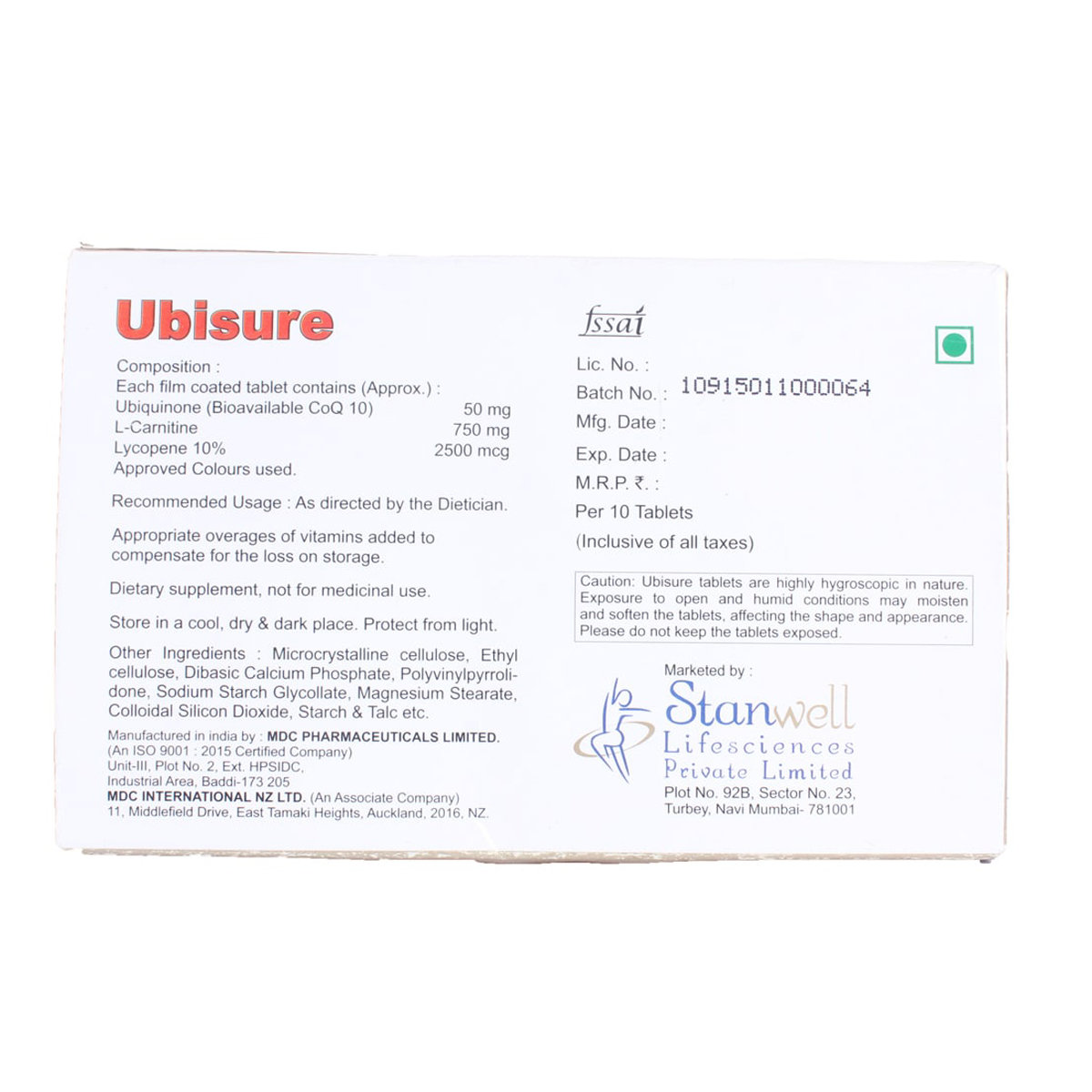 Ubisure Tablet 10's, Pack of 10 TABLETS Ubisure Tablet 10's, Pack of 10 TABLETS