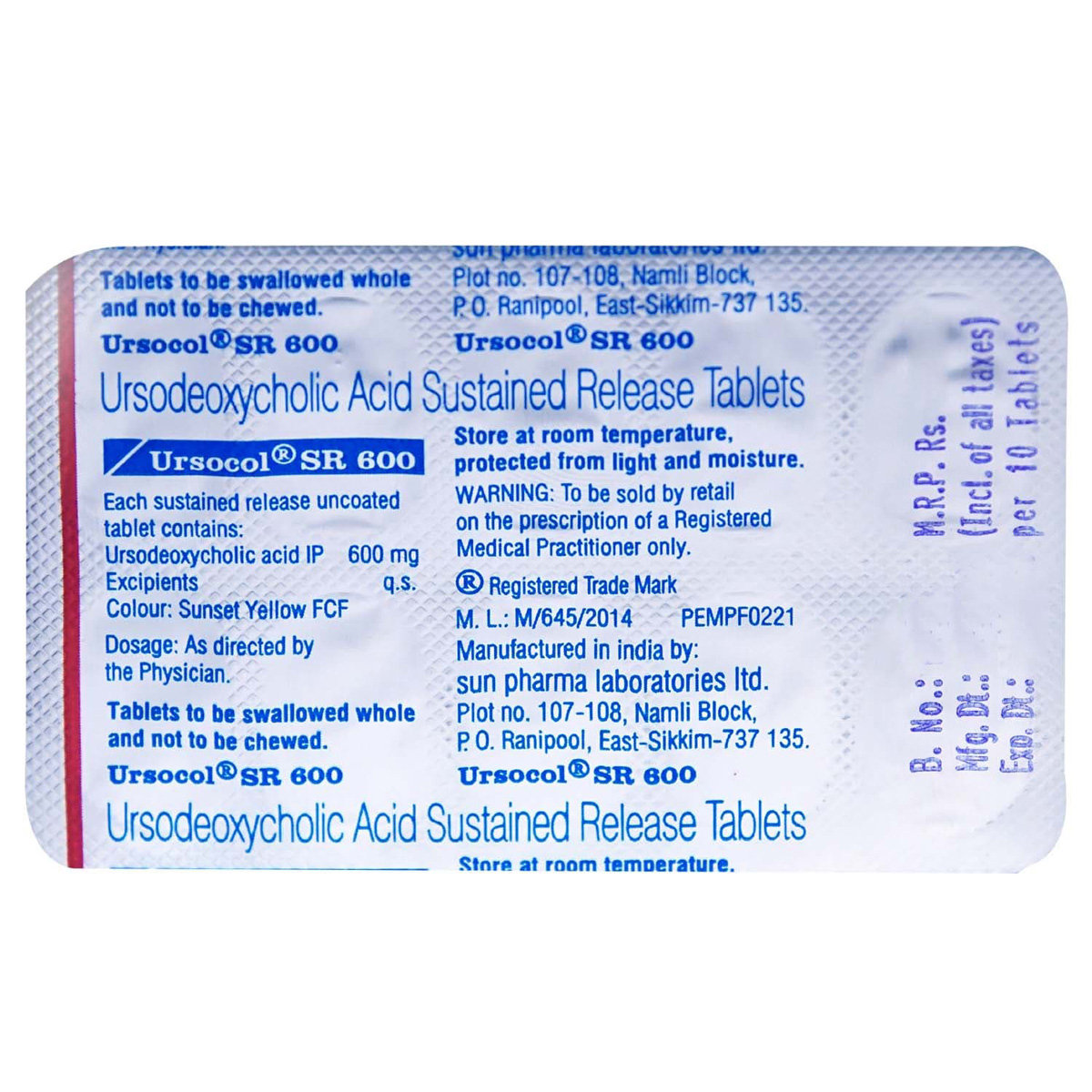 Ursocol SR 600 Tablet 10's, Pack of 10 TABLETS Ursocol SR 600 Tablet 10's, Pack of 10 TABLETS