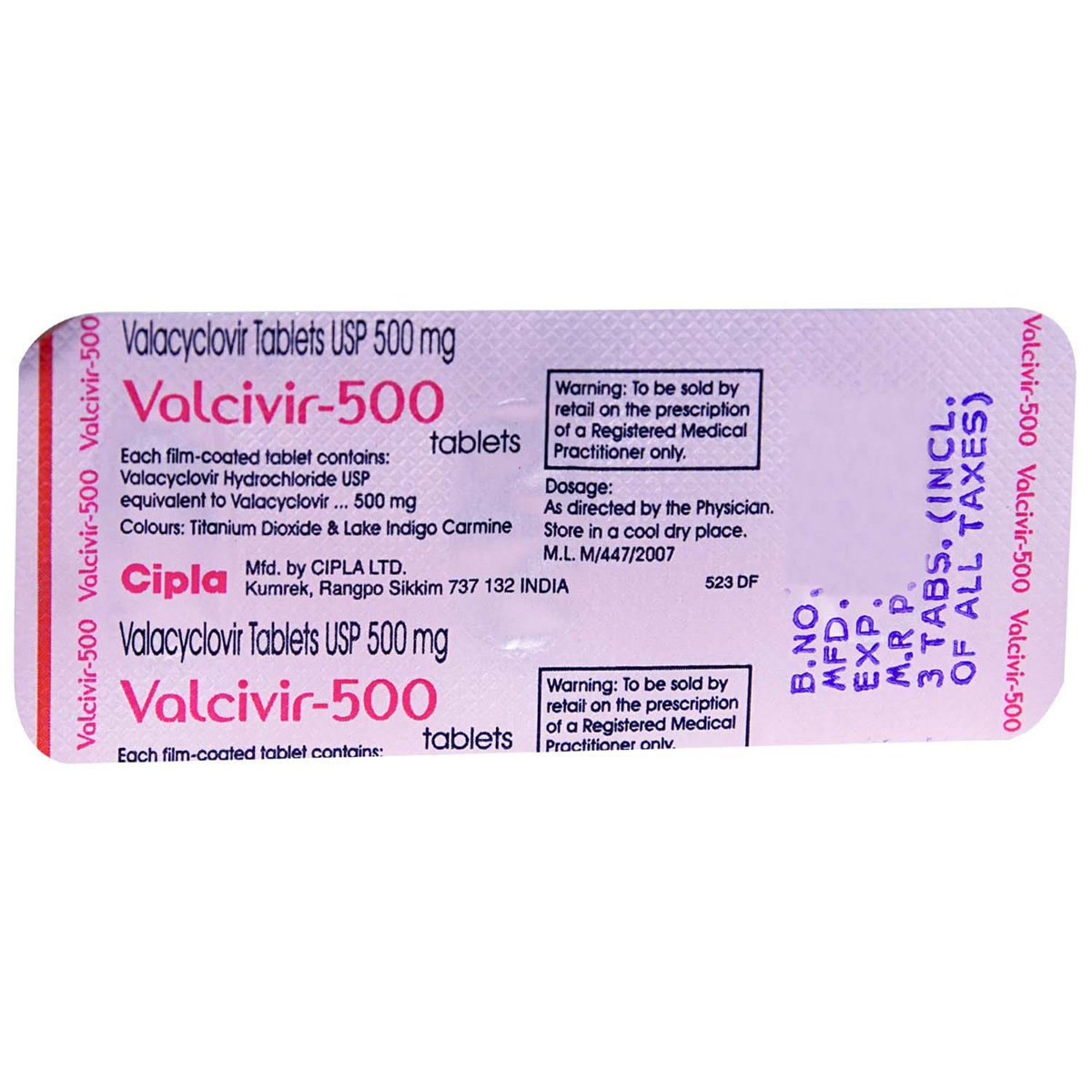 Valcivir-500 Tablet 3's, Pack of 3 TABLETS Valcivir-500 Tablet 3's, Pack of 3 TABLETS