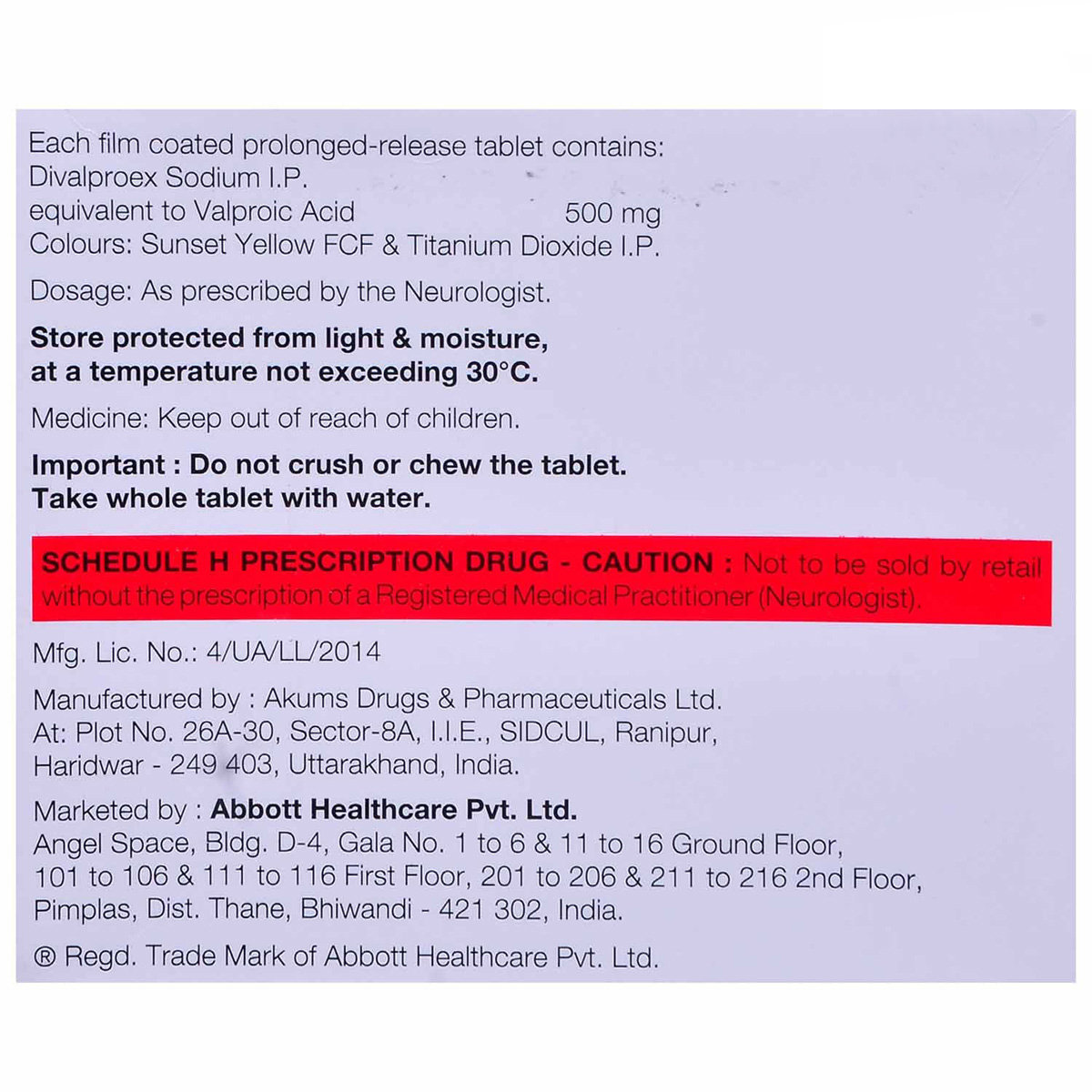 Valance OD 500 mg Tablet 15's, Pack of 15 TABLETS Valance OD 500 mg Tablet 15's, Pack of 15 TABLETS