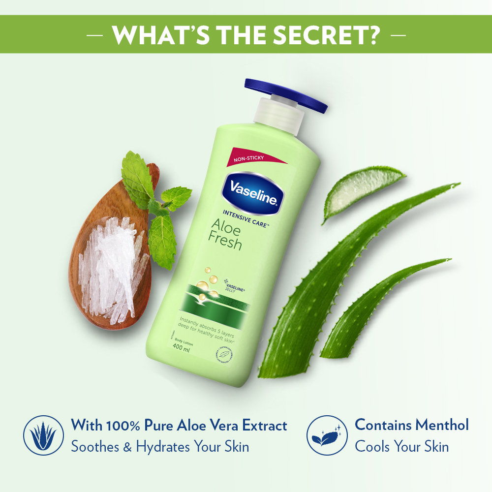 Vaseline Intensive Care Aloe Fresh Body Lotion 400 ml | With 100% Pure Aloe Vera Extract | Deeply Hydrates Skin In Harsh Summer | Non Greasy & Featurelight Fornula | For Dry Skin, Pack of 1 Vaseline Intensive Care Aloe Fresh Body Lotion 400 ml | With 100% Pure Aloe Vera Extract | Deeply Hydrates Skin In Harsh Summer | Non Greasy & Featurelight Fornula | For Dry Skin, Pack of 1