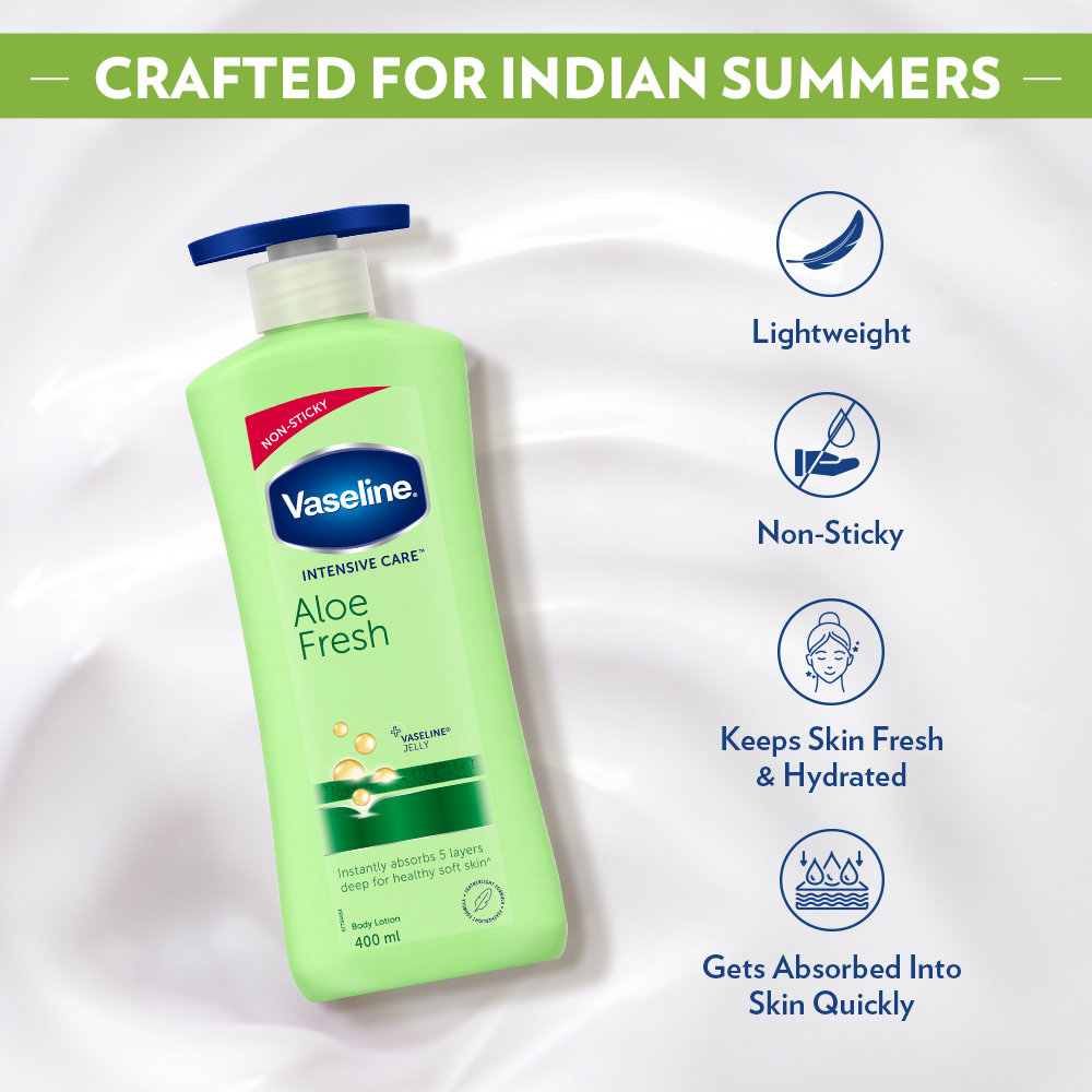 Vaseline Intensive Care Aloe Fresh Body Lotion 400 ml | With 100% Pure Aloe Vera Extract | Deeply Hydrates Skin In Harsh Summer | Non Greasy & Featurelight Fornula | For Dry Skin, Pack of 1 Vaseline Intensive Care Aloe Fresh Body Lotion 400 ml | With 100% Pure Aloe Vera Extract | Deeply Hydrates Skin In Harsh Summer | Non Greasy & Featurelight Fornula | For Dry Skin, Pack of 1