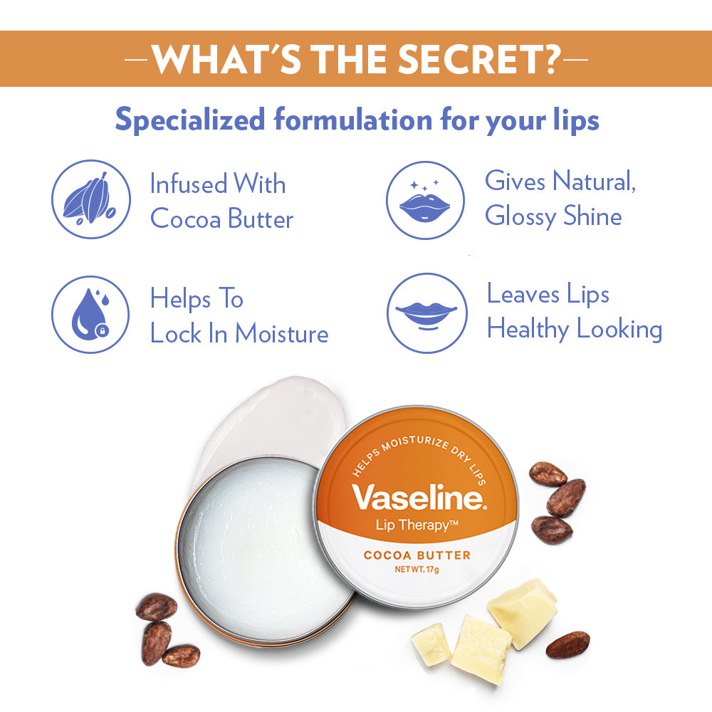Vaseline Lip Therapy Cocoa Butter Lip Balm 17 gm | Infused With Cocoa Butter | Hydrates & Moisturises Dry Lips | Give Natural & Glossy Shine, Pack of 1 Vaseline Lip Therapy Cocoa Butter Lip Balm 17 gm | Infused With Cocoa Butter | Hydrates & Moisturises Dry Lips | Give Natural & Glossy Shine, Pack of 1