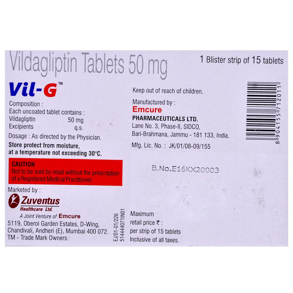 Vil G 50 Tablet 15's, Pack of 15 TABLETS Vil G 50 Tablet 15's, Pack of 15 TABLETS