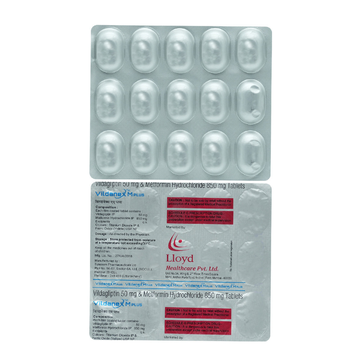 Vildanex M Plus 50/850mg Tablet 15's, Pack of 15 TabletS Vildanex M Plus 50/850mg Tablet 15's, Pack of 15 TabletS