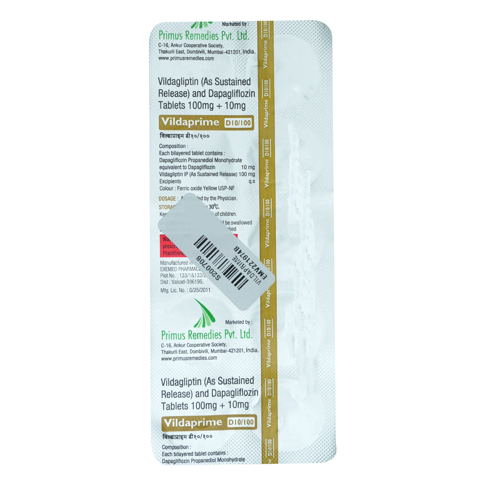 Vildaprime D 10 mg/100 mg Tablet 10's, Pack of 10 Vildaprime D 10 mg/100 mg Tablet 10's, Pack of 10