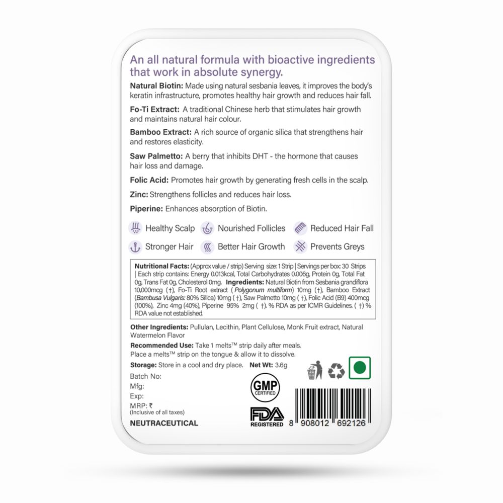 Wellbeing Nutrition Melts Into Healthy Hair Wholefood Biotin Sugar Free, 30 Strips, Pack of 1 Wellbeing Nutrition Melts Into Healthy Hair Wholefood Biotin Sugar Free, 30 Strips, Pack of 1