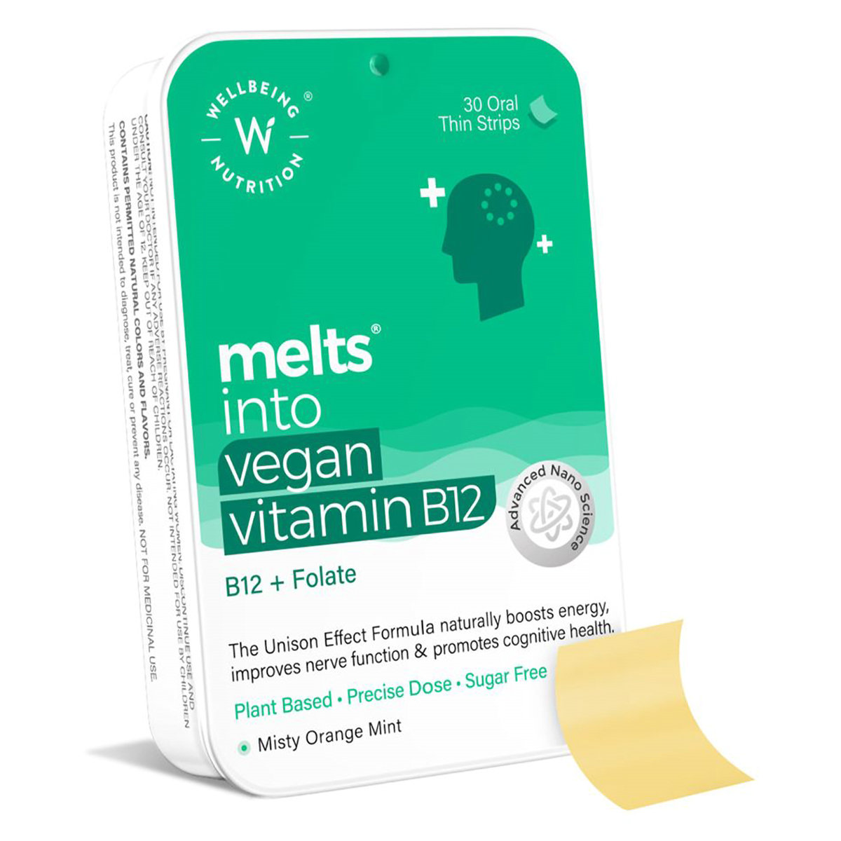 Wellbeing Nutrition Melts Into Vegan Vitamin B12 + Folate Orange Mint Flavour, 30 Strips, Pack of 1 Wellbeing Nutrition Melts Into Vegan Vitamin B12 + Folate Orange Mint Flavour, 30 Strips, Pack of 1