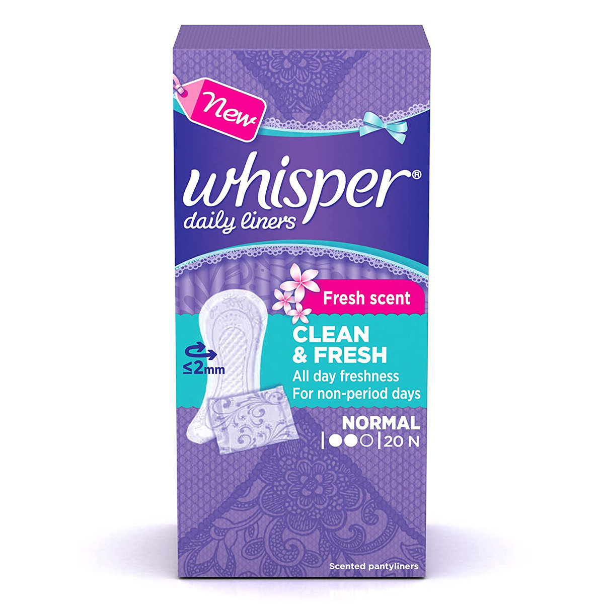 Whisper Clean & Fresh Daily Liners Normal, 20 Count, Pack of 1 Whisper Clean & Fresh Daily Liners Normal, 20 Count, Pack of 1