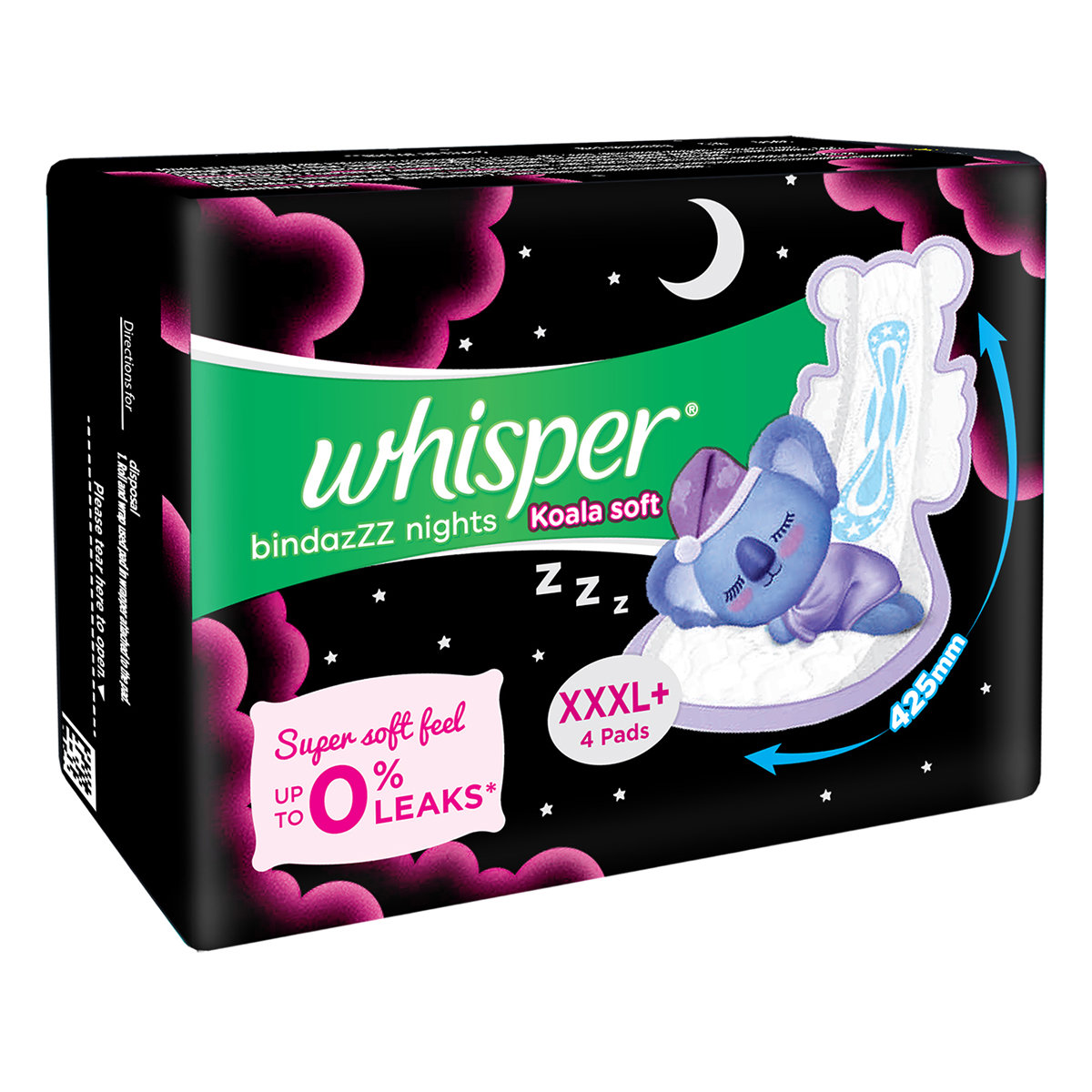 Whisper Bindazzz Nights Koala Soft Sanitary Pads XXXL+, 4 Count, Pack of 1 Whisper Bindazzz Nights Koala Soft Sanitary Pads XXXL+, 4 Count, Pack of 1