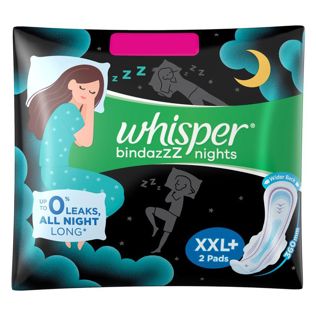 Whisper Bindazzz Nights Sanitary Pads XXL+, 2 Count, Pack of 1 Whisper Bindazzz Nights Sanitary Pads XXL+, 2 Count, Pack of 1