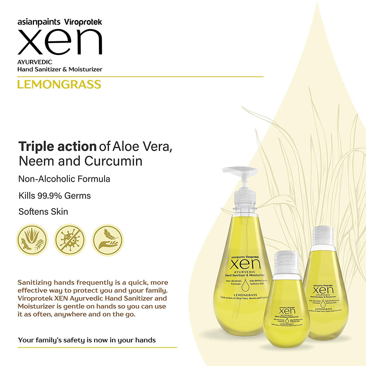 Asian Paints Viroprotek XEN Ayurvedic Hand Sanitizer 100 ml | Aloe vera, Neem & Curcumin | Kills 99.9% Germs | Softens Skin With Fragrance Of LemonGrass | Non Alcoholic Formula, Pack of 1 Asian Paints Viroprotek XEN Ayurvedic Hand Sanitizer 100 ml | Aloe vera, Neem & Curcumin | Kills 99.9% Germs | Softens Skin With Fragrance Of LemonGrass | Non Alcoholic Formula, Pack of 1